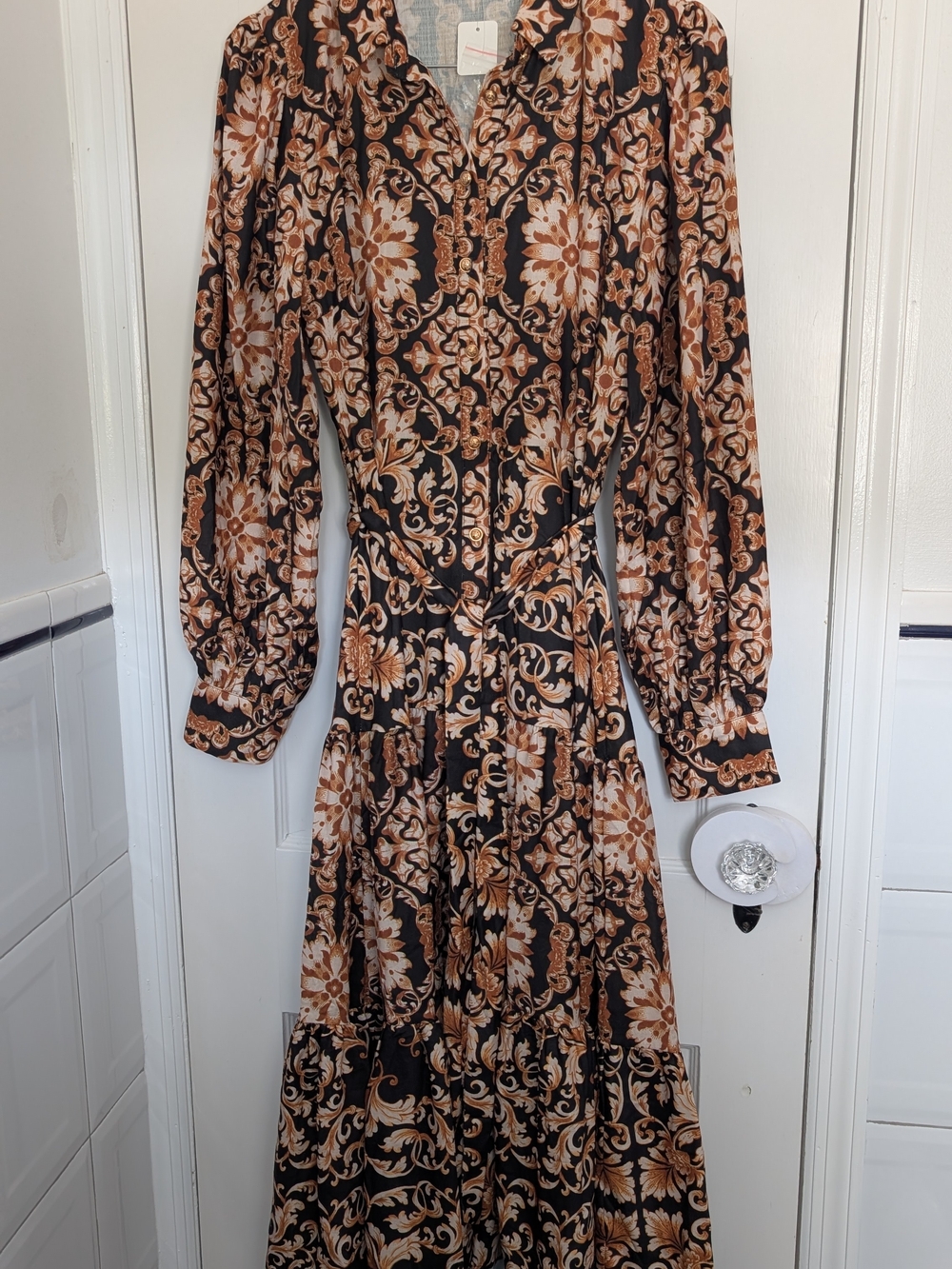 Flying Tomato Black and Tan Floral-Scroll Long Sleeve Maxi Dress